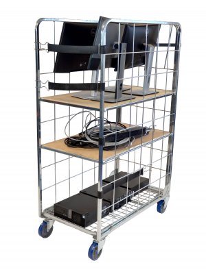 Transportbur Datorburen framifrån lastad med datordelar