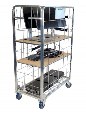 Transportbur Datorburen bakifrån lastad med datordelar