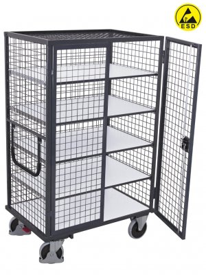 ESD hyllskåp galler, på hjul, öppen dörr