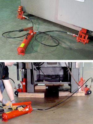 Lyft av tungt gods med GKS handpump kopplat till två domkrafter