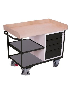 Verkstadsvagn med kant på översta arbetsytan och lådor
